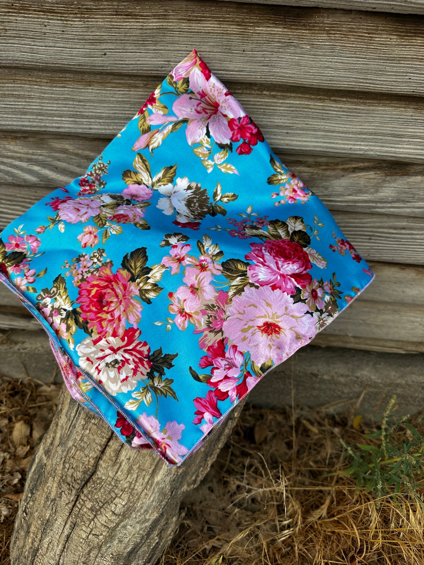 Light blue with pink flowers