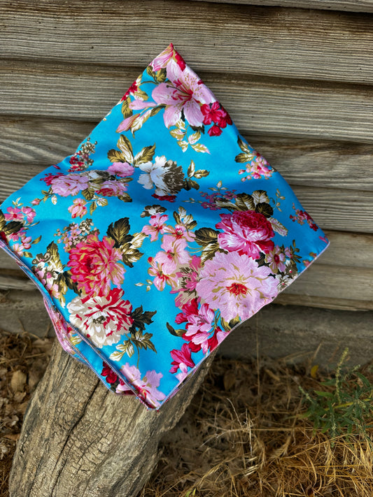 Light blue with pink flowers